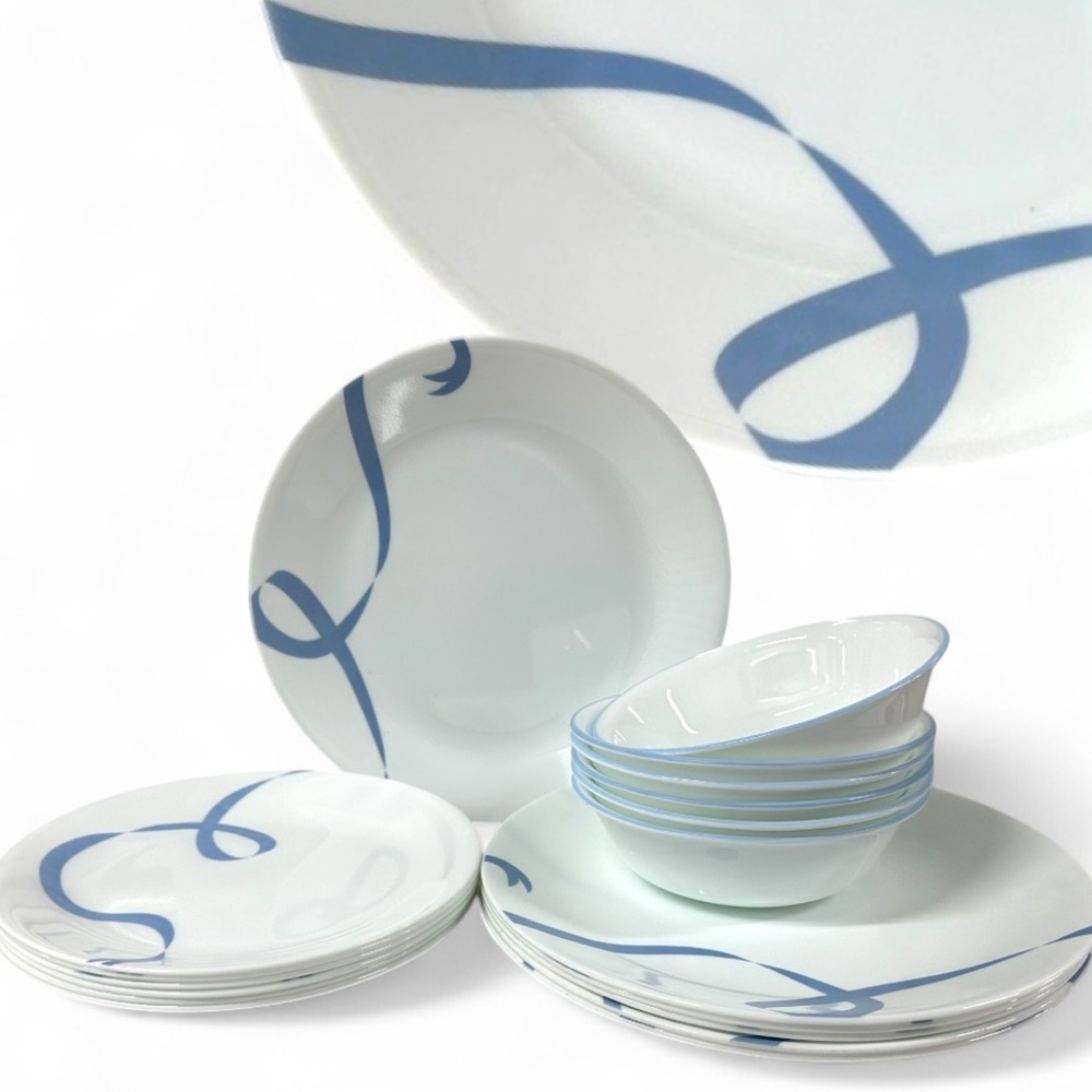 Corelle Blue Ribbon 18pc Set: 6 Plates 10.25"-6 Salad Plates 8.5"-6 bowls 6.25"